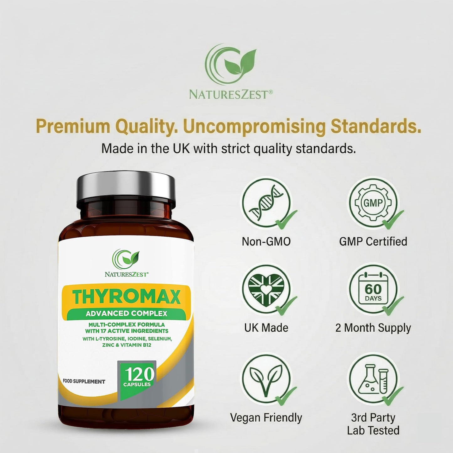 Natures Zest ThyroMax Thyroid Support Supplement - 120 Vegan Capsules, 17 Active Ingredients: Iodine & Selenium for Thyroid, L-Tyrosine, Ashwagandha, Zinc, B12 - High Strength Energy & Focus, 2 Month Supply