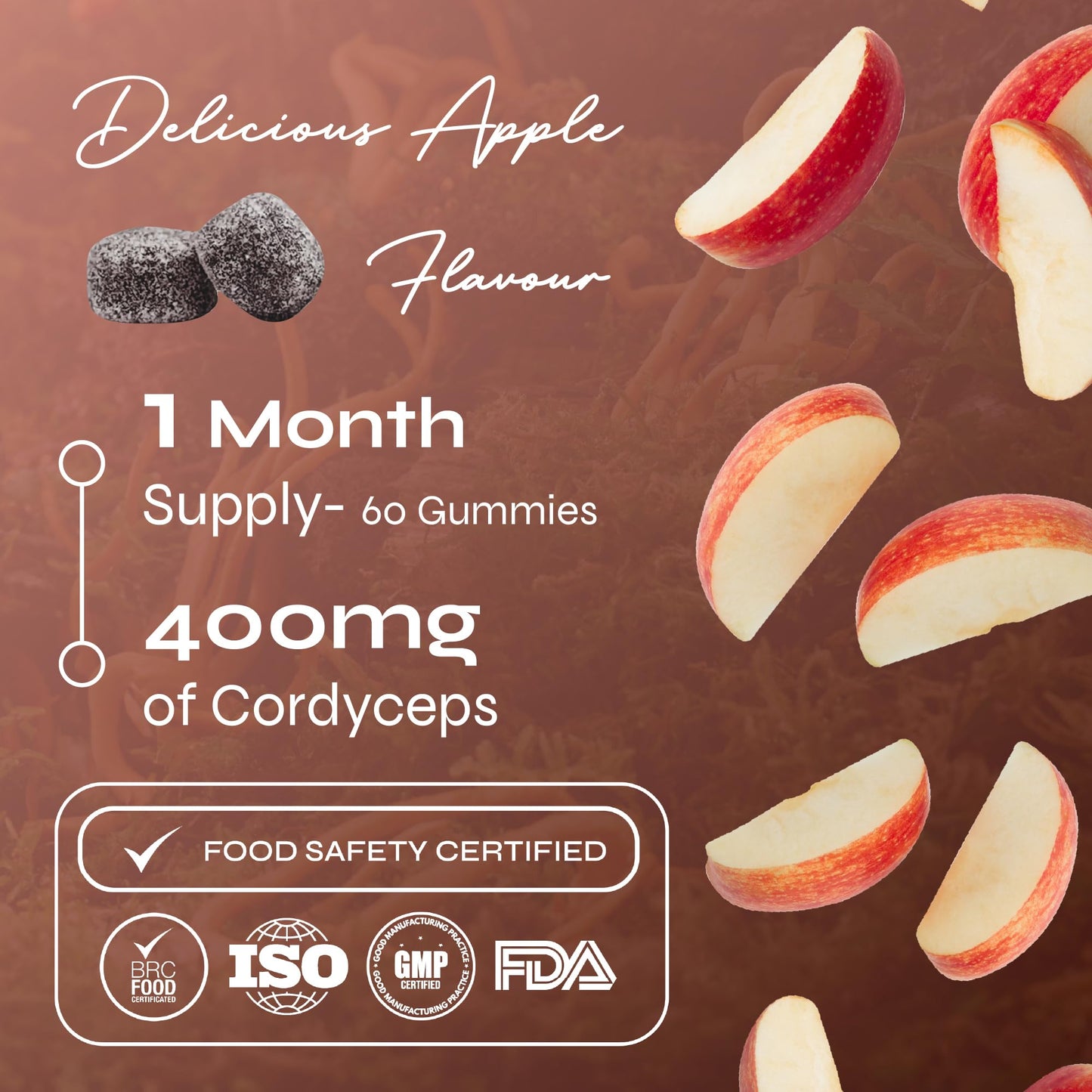 Known Tasty Cordyceps Gummies - 400mg Cordyceps Mushroom - Vitamin B12, C - Energy Support - Natural Apple Flavour - 60 Vegan Gummies, 1 Month Supply