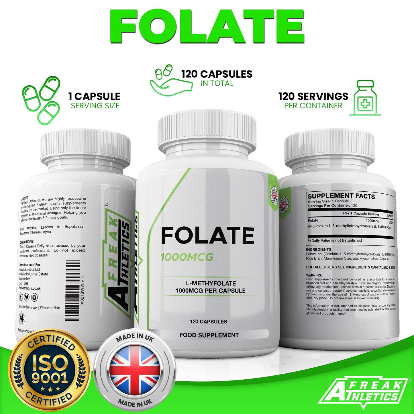 Freak Athletics Folate 1000mcg (L-Methylfolate) 120 Capsules, 5-MTHF Active Form of Folic Acid/Vitamin B9