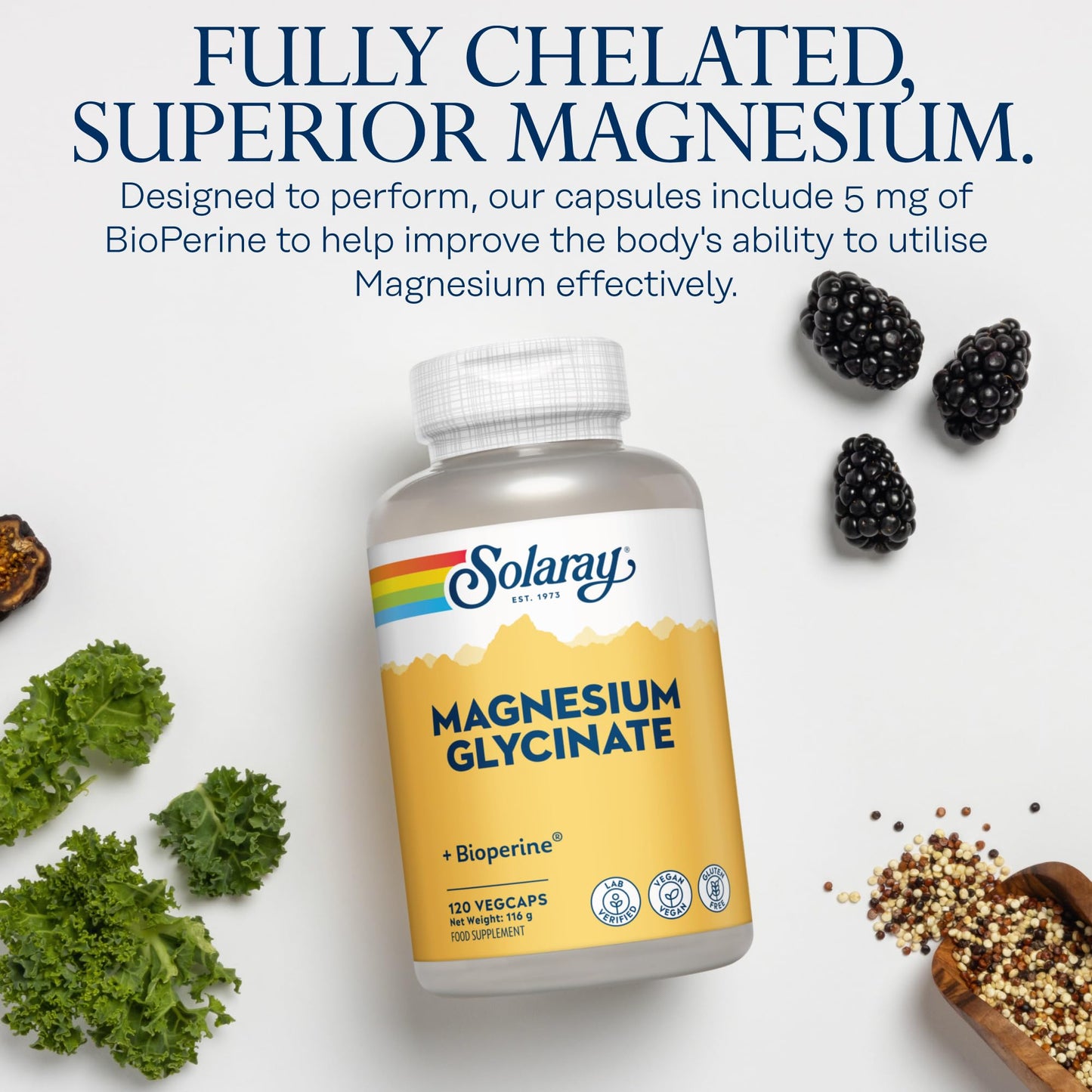 SOLARAY Magnesium Glycinate - 120 Vegan Capsules - High Strength Magnesium Bisglycinate Supplement - with Added Bioperine Black Pepper for Gentle Digestion - Lab Verified - Solaray