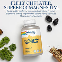 SOLARAY Magnesium Glycinate - 120 Vegan Capsules - High Strength Magnesium Bisglycinate Supplement - with Added Bioperine Black Pepper for Gentle Digestion - Lab Verified - Solaray