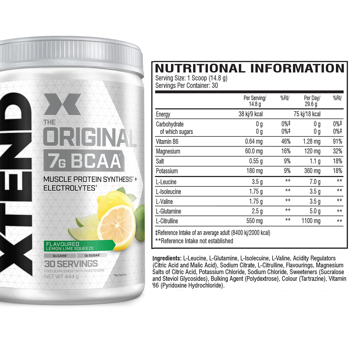 Scivation XTEND Original BCAA Powder Lemon Lime Squeeze 30 Servings | 7g BCAAs Per Serving | Sugar Free Branched Chain Amino Acids and Electrolytes Powder for Post Workout Muscle Recovery and Hydration