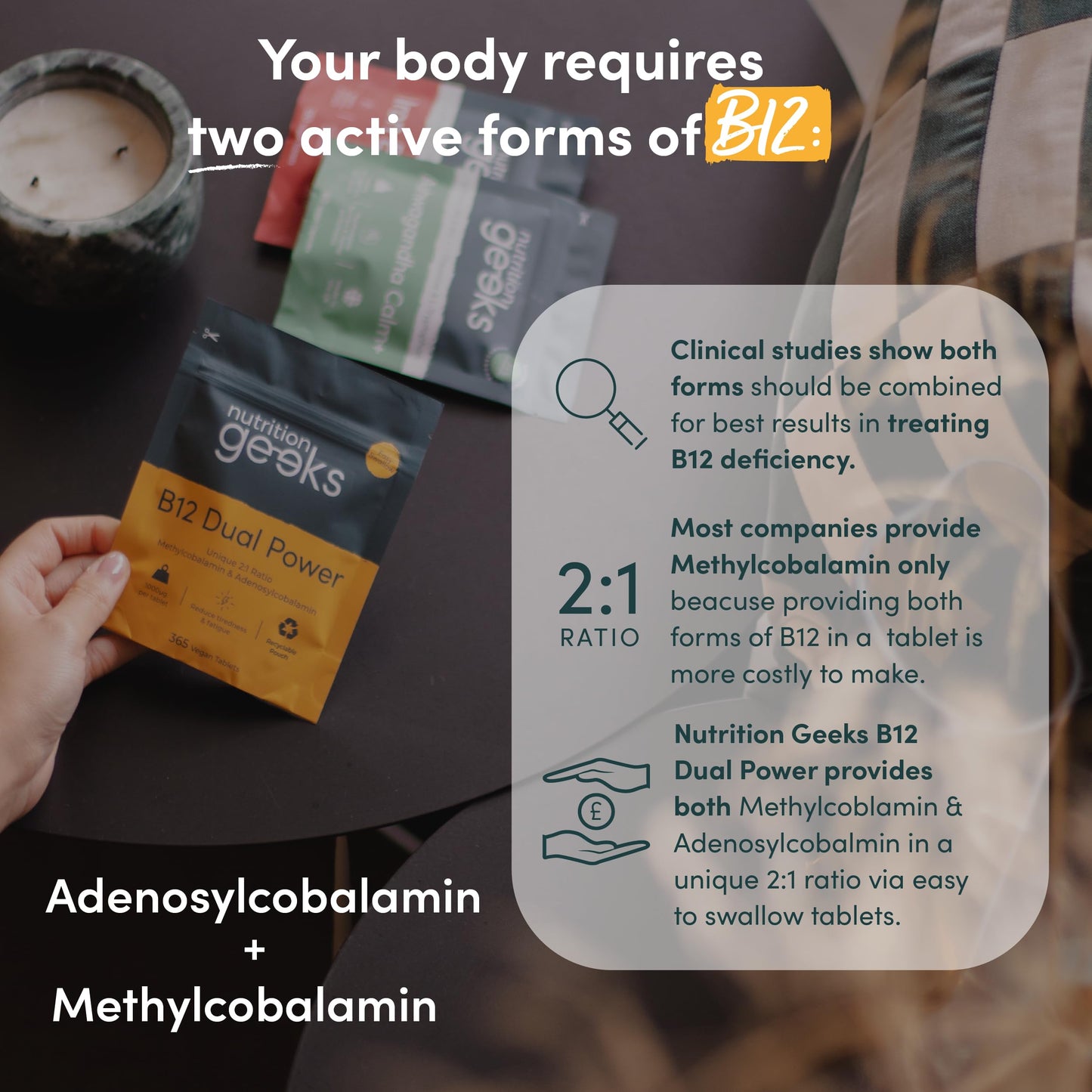 Nutrition Geeks Vitamin B12 Tablets High Strength - 1 Year Supply (365 Tablets) - 1000mcg Dual Power B12 Vitamin Complex with Methylcobalamin & Adenosylcobalamin - Vegan Supplement - (Packaging Design May Vary)