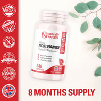 Vitamin B3 Nicotinamide 500mg | 240 Vegan Capsules | 8 Months Supply | Pure No Flush Niacin | High Strength Niacin as Niacinamide Supplement | NAD Precursor Supplement | UK Made by Naturally Natural