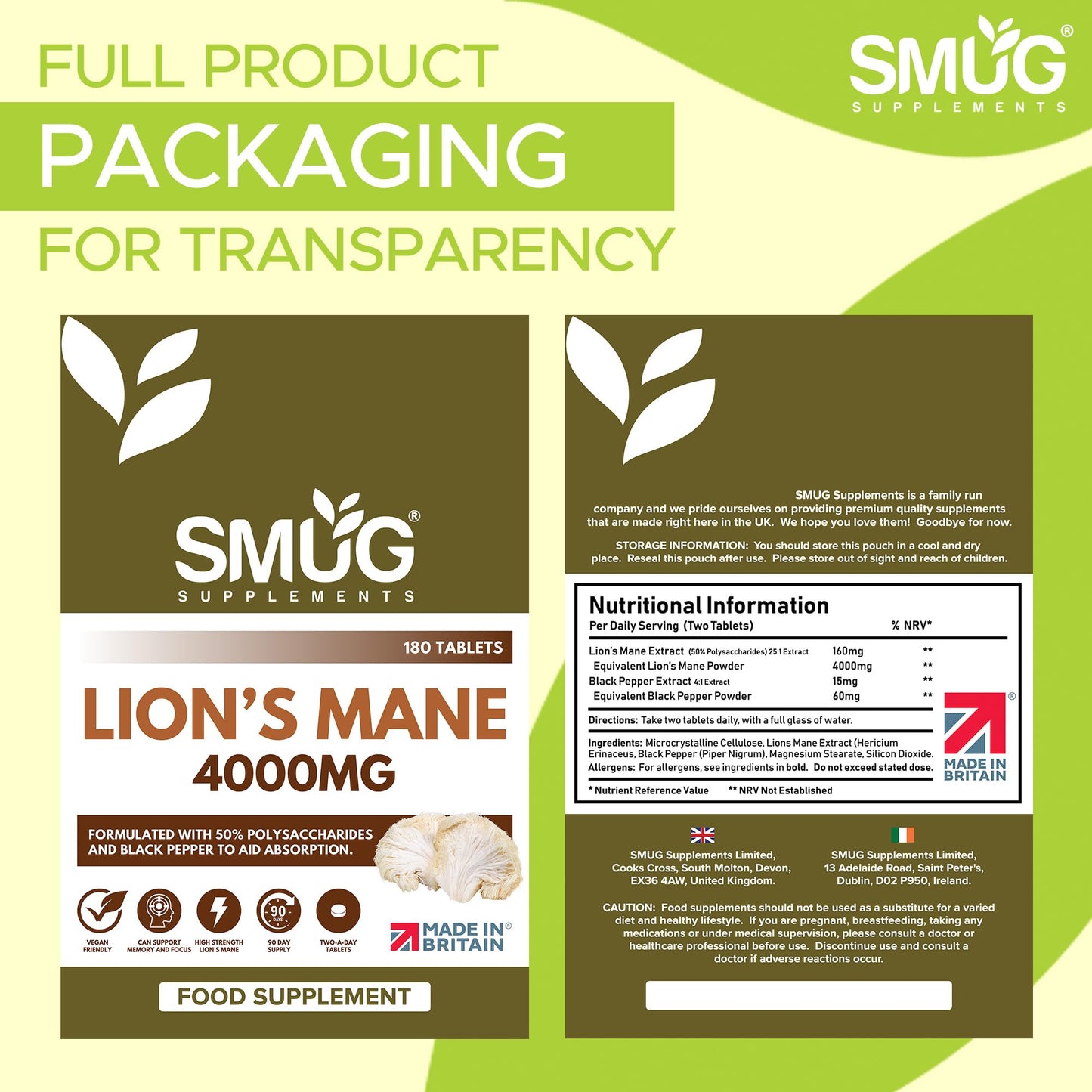 Lions Mane 4000mg British Made by SMUG Supplements - 180 Vegan Lion's Mane Mushroom Extract Tablets - Two-a-Day Dose with Black Pepper - 90 Day Supply - Potent Alternative to Capsules or Powder