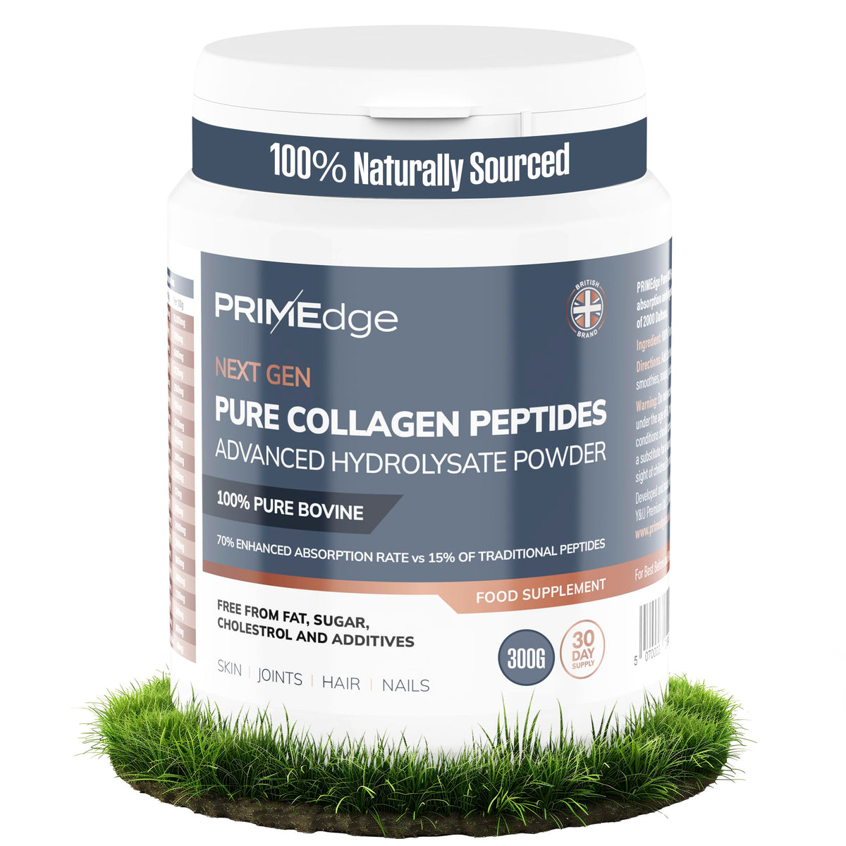 PRIMEdge Collagen Powder, Tasteless, Grass Fed, Collagen Peptides Supplement for Skin, Hair, Joints and Nail Support, Including 8 Essential Amino Acids (Type I, III), Halal & Kosher, 300g (30 Doses)