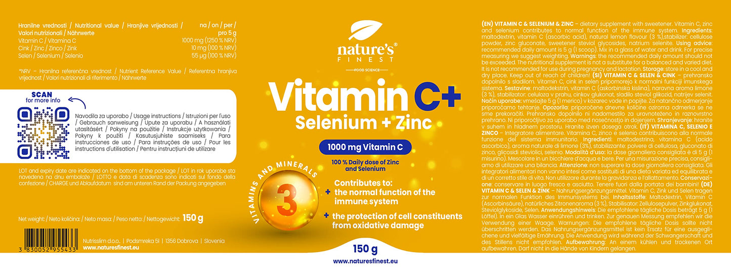 Nature's Finest by Nutrisslim Nature's Finest Vitamin C + Selenium + Zinc | 1000mg of Vitamin C per Serving | 100% Daily Dose of Zinc | Suitable for Vegetarians and Vegans