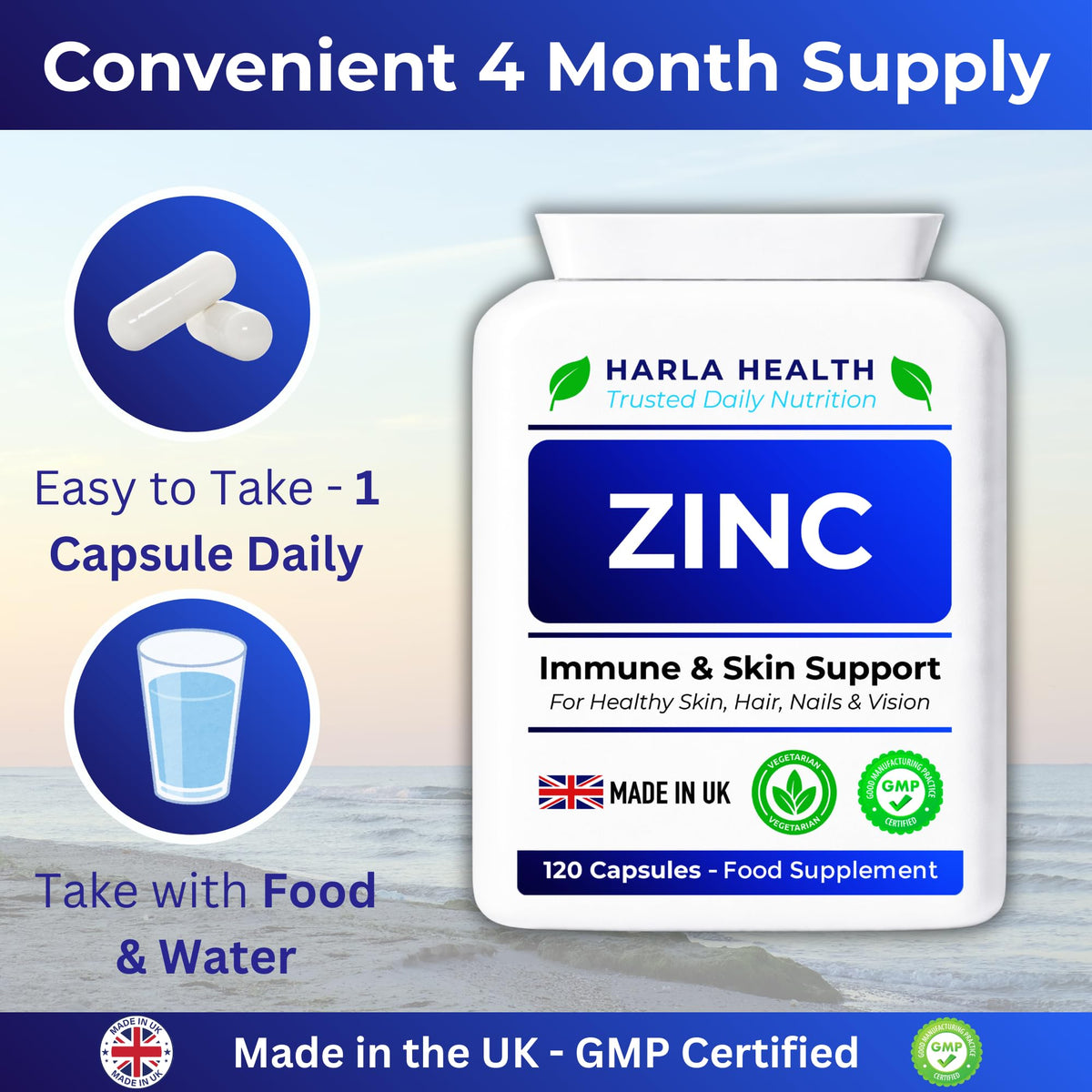 Harla Health Zinc 15mg | Immune System, Skin, Hair, Nails & Vision Support | High Strength Zinc Citrate | 120 Vegan Capsules | Made in UK GMP Certified