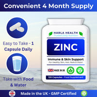 Harla Health Zinc 15mg | Immune System, Skin, Hair, Nails & Vision Support | High Strength Zinc Citrate | 120 Vegan Capsules | Made in UK GMP Certified
