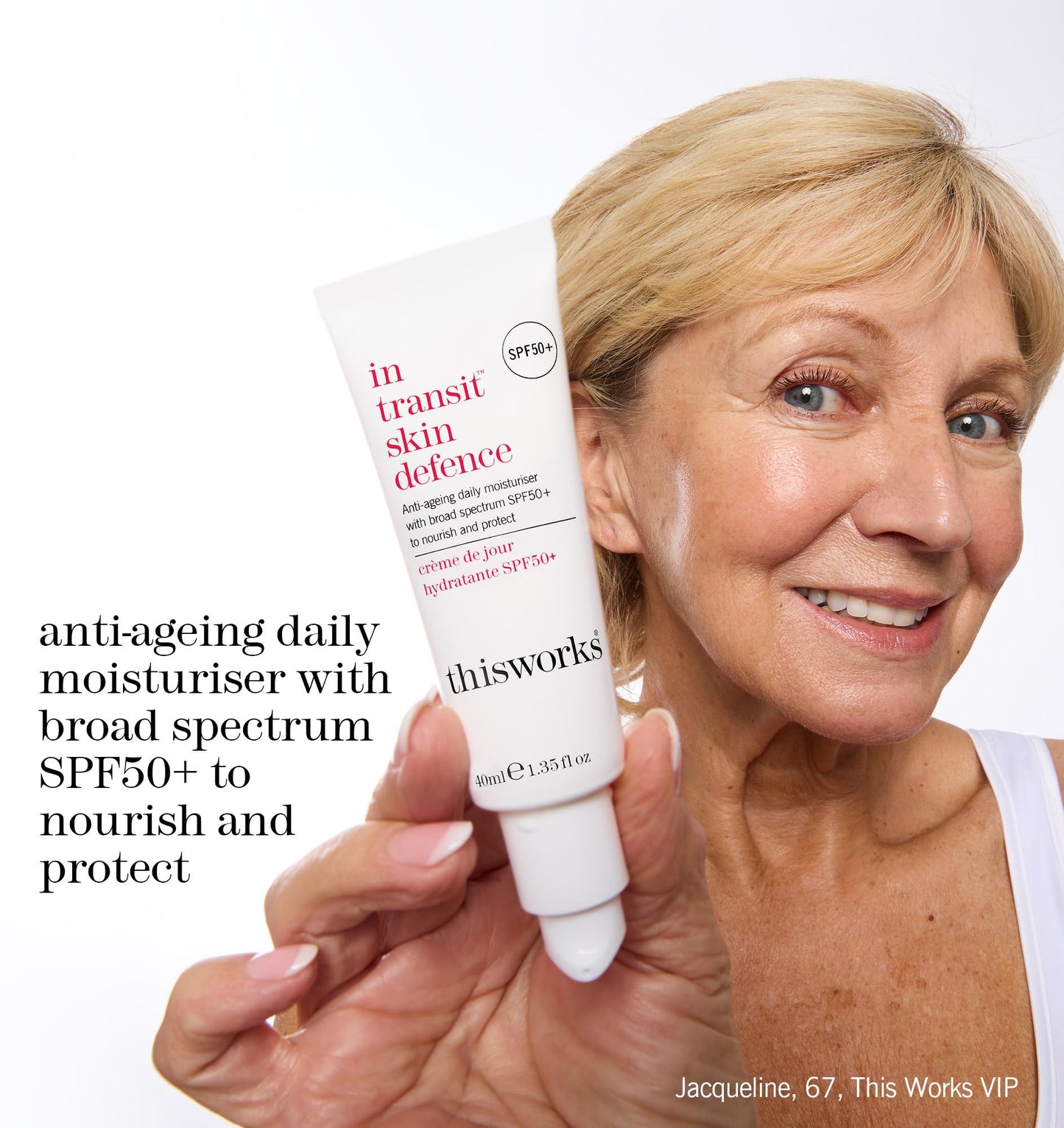 This Works - In Transit Skin Defence SPF50+ Face Moisturiser (40ml) with Hyaluronic Acid, Vitamin E and Antioxidants - Anti-Aging Daily Face Sunscreen Lotion for Broad-Spectrum UVA/UVB Protection