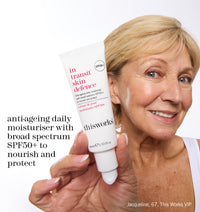 This Works - In Transit Skin Defence SPF50+ Face Moisturiser (40ml) with Hyaluronic Acid, Vitamin E and Antioxidants - Anti-Aging Daily Face Sunscreen Lotion for Broad-Spectrum UVA/UVB Protection