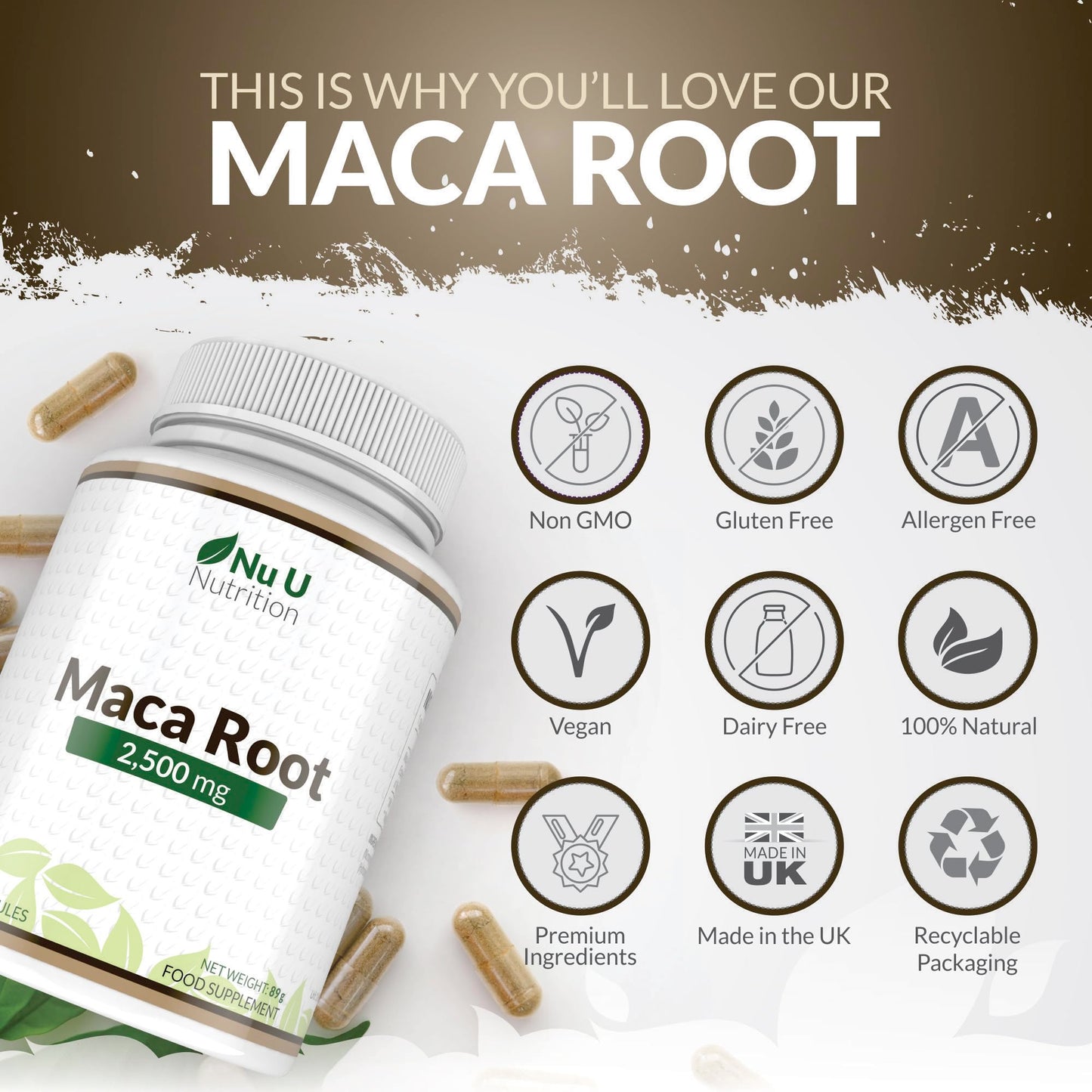 Nu U Nutrition - Maca Root Capsules 2500mg - 250mg of Maca Root per Capsule - 180 Vegan Capsules - 6 Month Supply - Maca Root Extract Supplement for Men & Women - Made in The UK