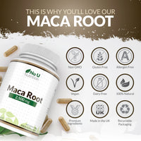 Nu U Nutrition - Maca Root Capsules 2500mg - 250mg of Maca Root per Capsule - 180 Vegan Capsules - 6 Month Supply - Maca Root Extract Supplement for Men & Women - Made in The UK