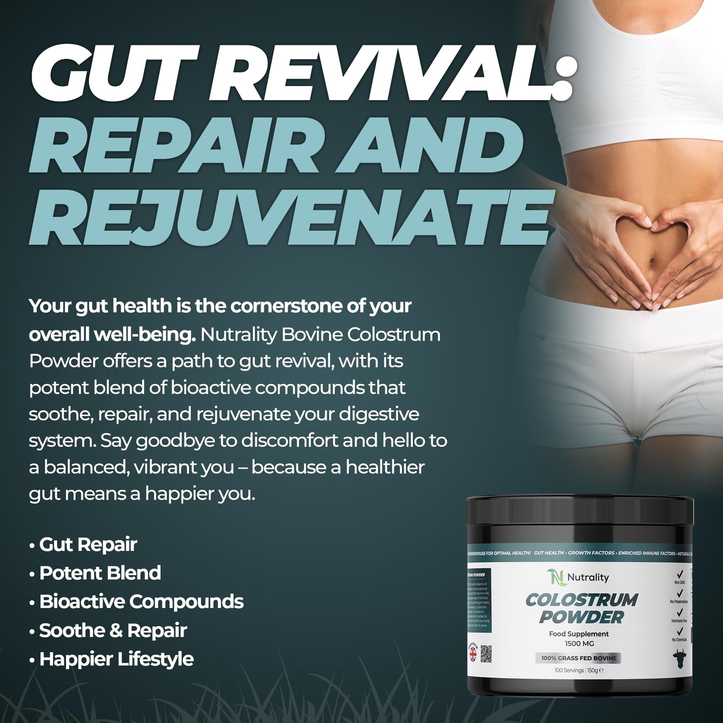 Nutrality Bovine Colostrum Powder 1500mg 150g | Immune Support, Gut Health, 100% Grass Fed Bovine, Growth & Metabolic Factors, Optimal Wellness | No Preservatives & Hormone-Free