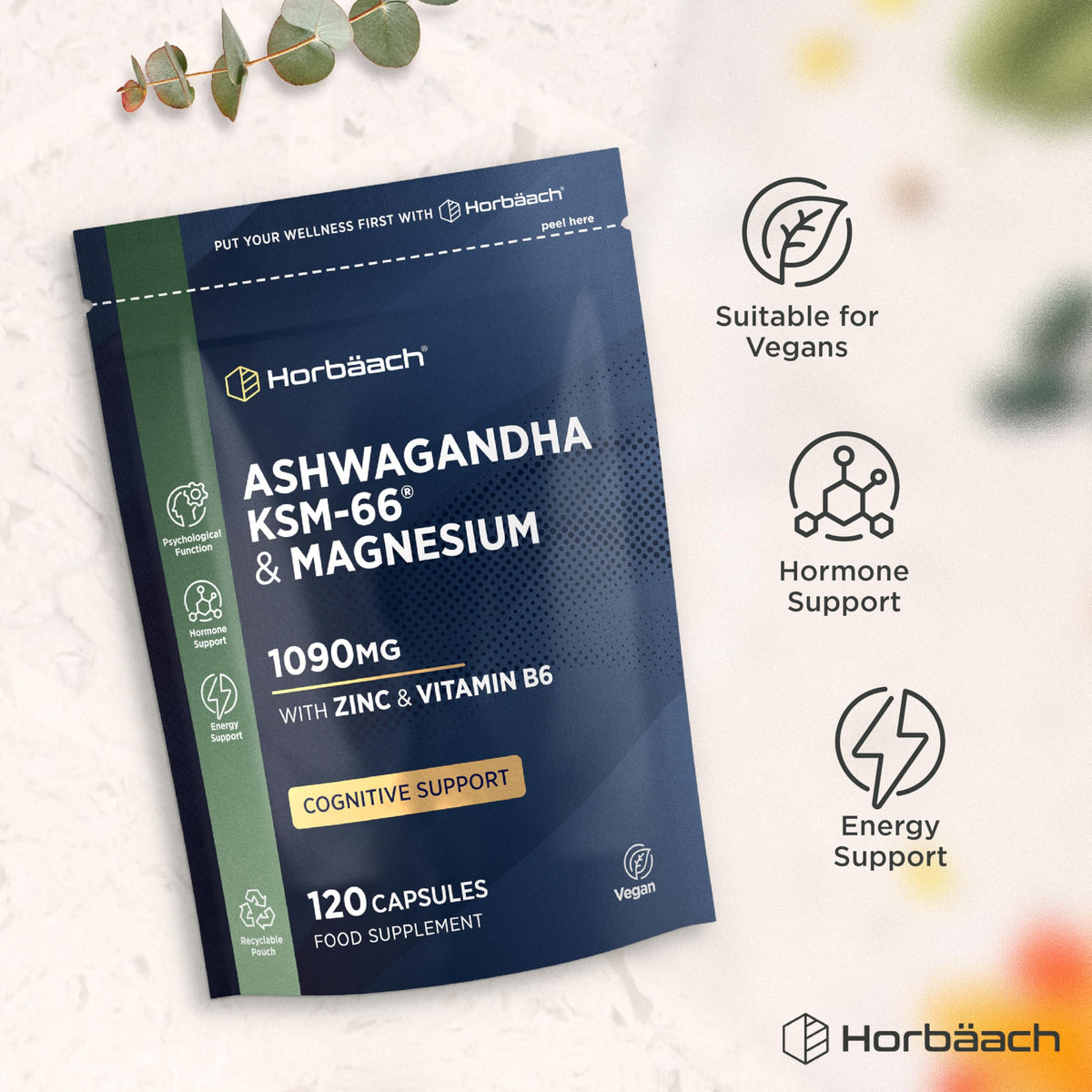 Horbäach Ashwagandha KSM-66 Complex Enhanced with Magnesium, Zinc & Vitamin B6 | High Strength Ashwagandha Root Supplement | 120 Vegan Capsules (Not Tablets) | by Horbaach