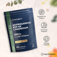 Horbäach Ashwagandha KSM-66 Complex Enhanced with Magnesium, Zinc & Vitamin B6 | High Strength Ashwagandha Root Supplement | 120 Vegan Capsules (Not Tablets) | by Horbaach