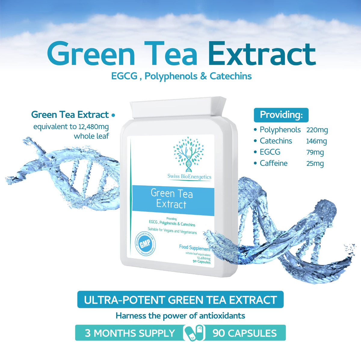 swiss bioenergetics Green Tea Capsules - 12,480mg - 90 Capsules of Premium Extract - Contains Polyphenols, Catechins & EGCG - Powerful Antioxidant for Immune Health - not Green Tea Tablets - Made in UK