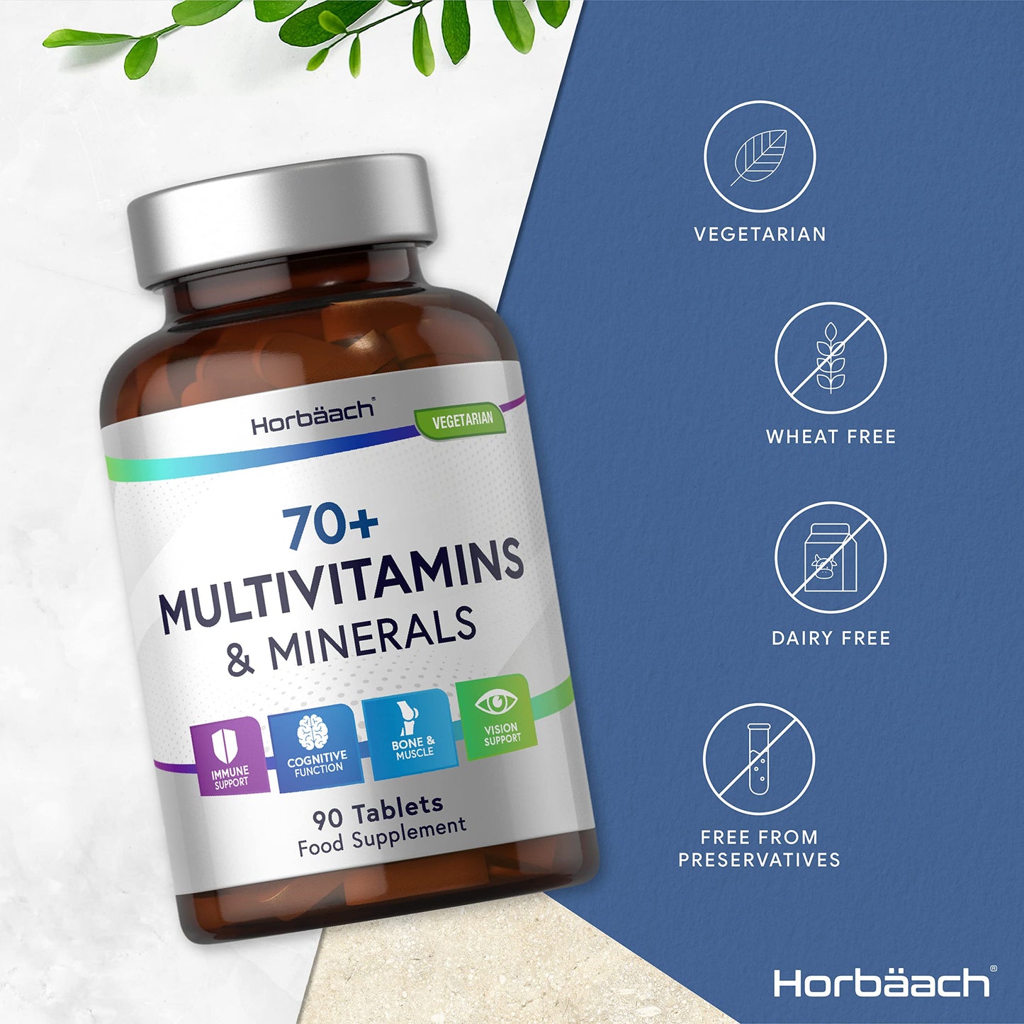 Horbäach Multivitamin 70 Plus Tablets | 90 Count | with Essential Vitamins and Minerals | for Men and Women Age 70+ | Vegetarian | by Horbaach