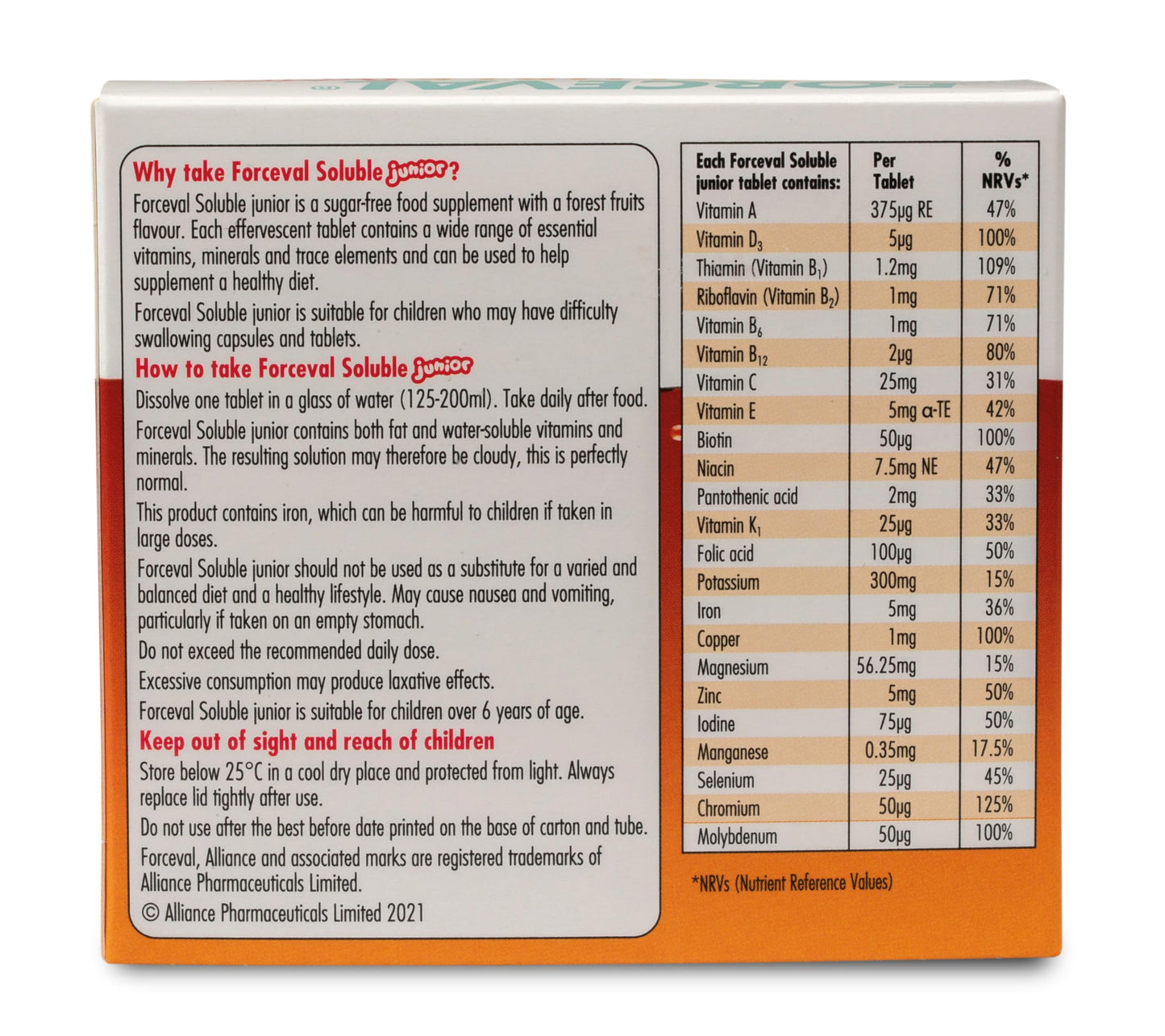 Forceval Soluble Junior 23 Vitamins and Minerals, Kid’s Multivitamin Drink, Including Vitamins C, D, B12, A and B6 to Help Support a Healthy Immune System, 30 effervescent Tablets