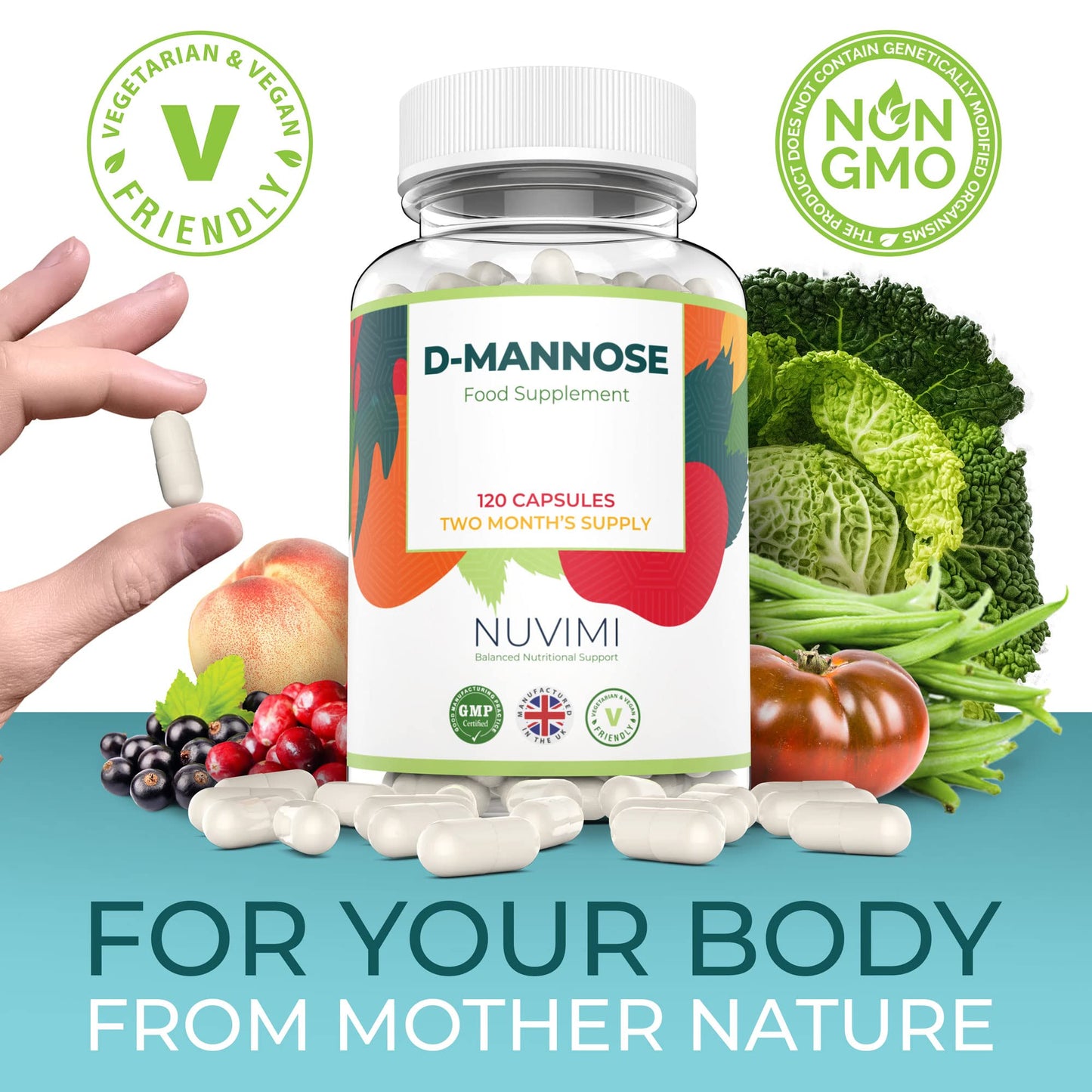 D Mannose 120 Capsules, 1000 mg per Dose, Promotes Urinary Tract Health, Natural Vegan UTI Defence by NUVIMI®