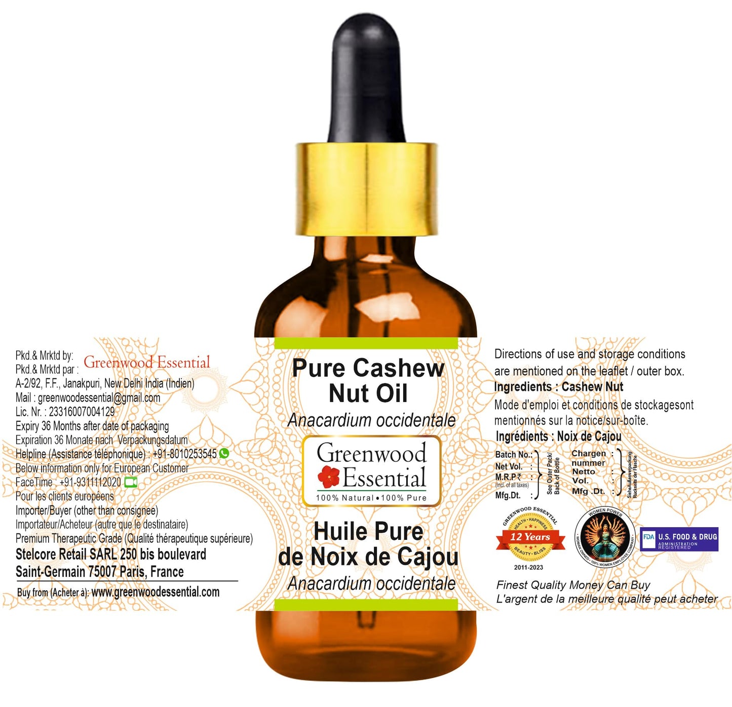 Greenwood Essential Pure Cashew Nut Oil (Anacardium occidentale) with Glass Dropper Premium Therapeutic Grade for Hair, Skin & Aromatherapy 100ml (3.38 oz)