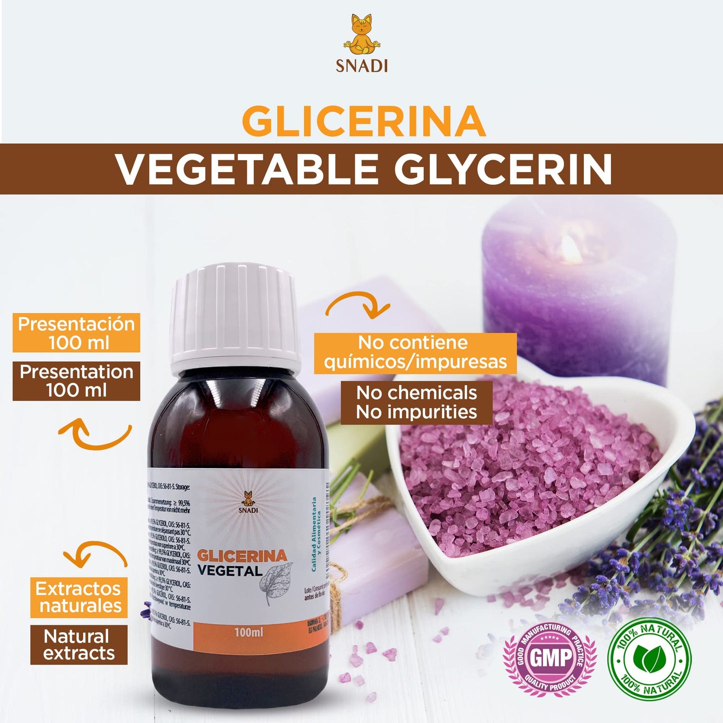 100 ml - Oral and cosmetic glycerine, Purity +98% (Vegetal glycerine). Edible glycerine, cosmetic, skin, hair. Natural glycerine.