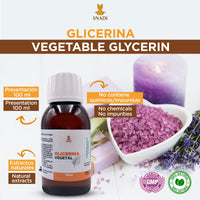 100 ml - Oral and cosmetic glycerine, Purity +98% (Vegetal glycerine). Edible glycerine, cosmetic, skin, hair. Natural glycerine.