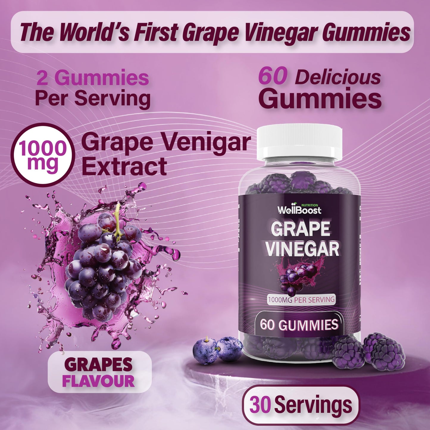 WellBoost Grape Vinegar Gummies, Rich in Grape Vinegar Extracts 1000mg- Chewable Vegan Sugar-Free Gummies, Grapes Flavour (1 month supply)