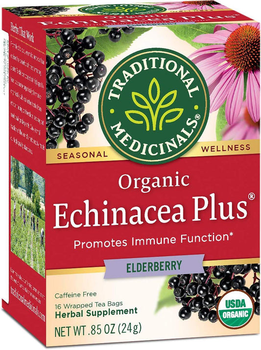 Traditional Medicinals Organic Echinacea Plus Elderberry Herbal Tea, Promotes Immune Function, (Pack of 1) - 16 Tea Bags