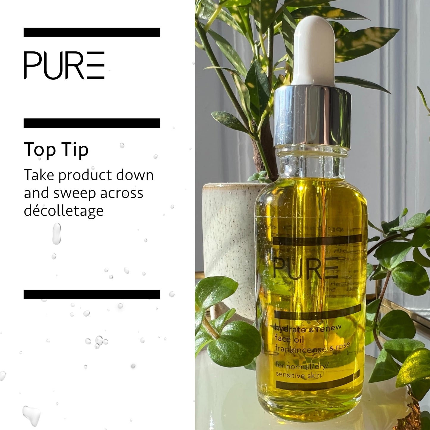 Hydrate & Renew Face Oil from PURE Spa & Beauty 30ml - Vegan Skin Moisturiser with Rose, Geranium, Orange, Frankincense, Vitamin E and Omega 6 & 9