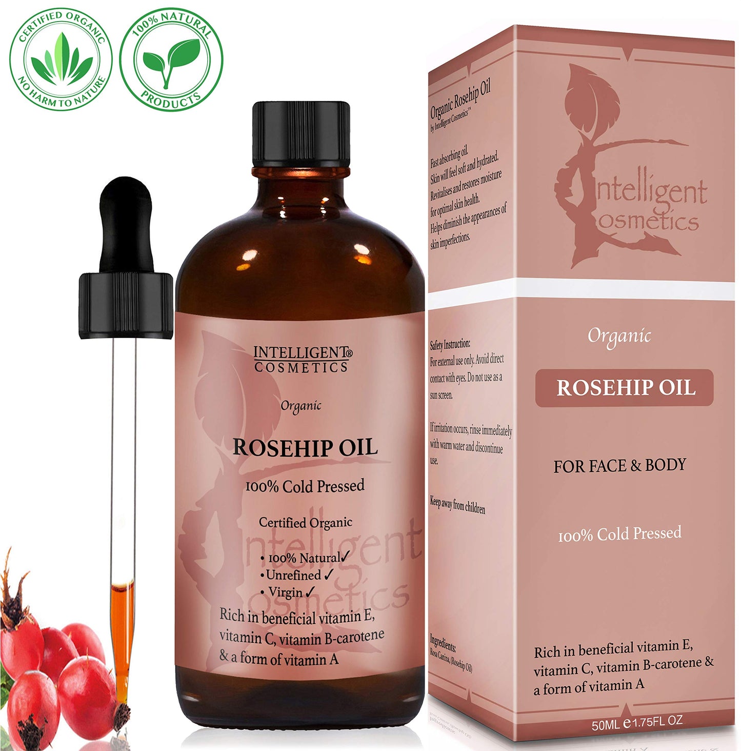 50ML Rosehip Oil 100% Cold Pressed Pure Certified Organic Oil, Best Known Facial Oil with Vitamin E, Vitamin C, B-carotene and a Form of Vitamin A