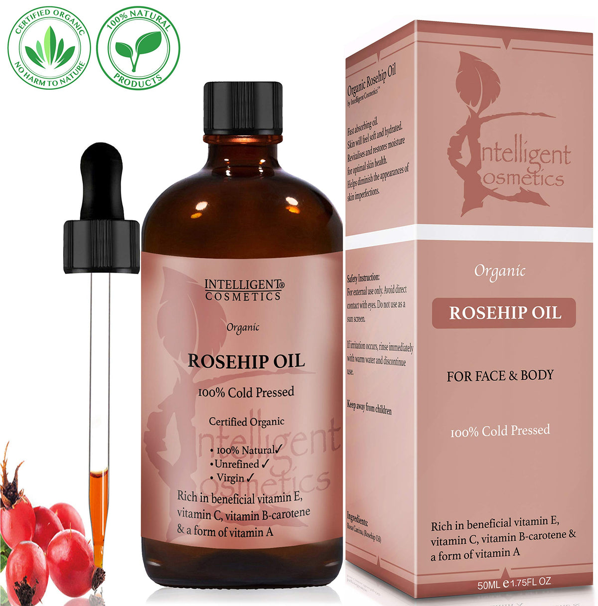 intelligent cosmetics 50ML Rosehip Oil 100% Cold Pressed Pure Certified Organic Oil, Best Known Facial Oil with Vitamin E, Vitamin C, B-carotene and a Form of Vitamin A