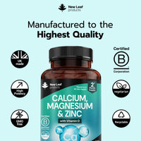 NEW LEAF PRODUCTS Calcium Magnesium Zinc and Vitamin D Supplement - 120 High Strength Tablets Supplement with Magnesium Vitamin D, Zinc Tablets Complex Made in The UK by New Leaf