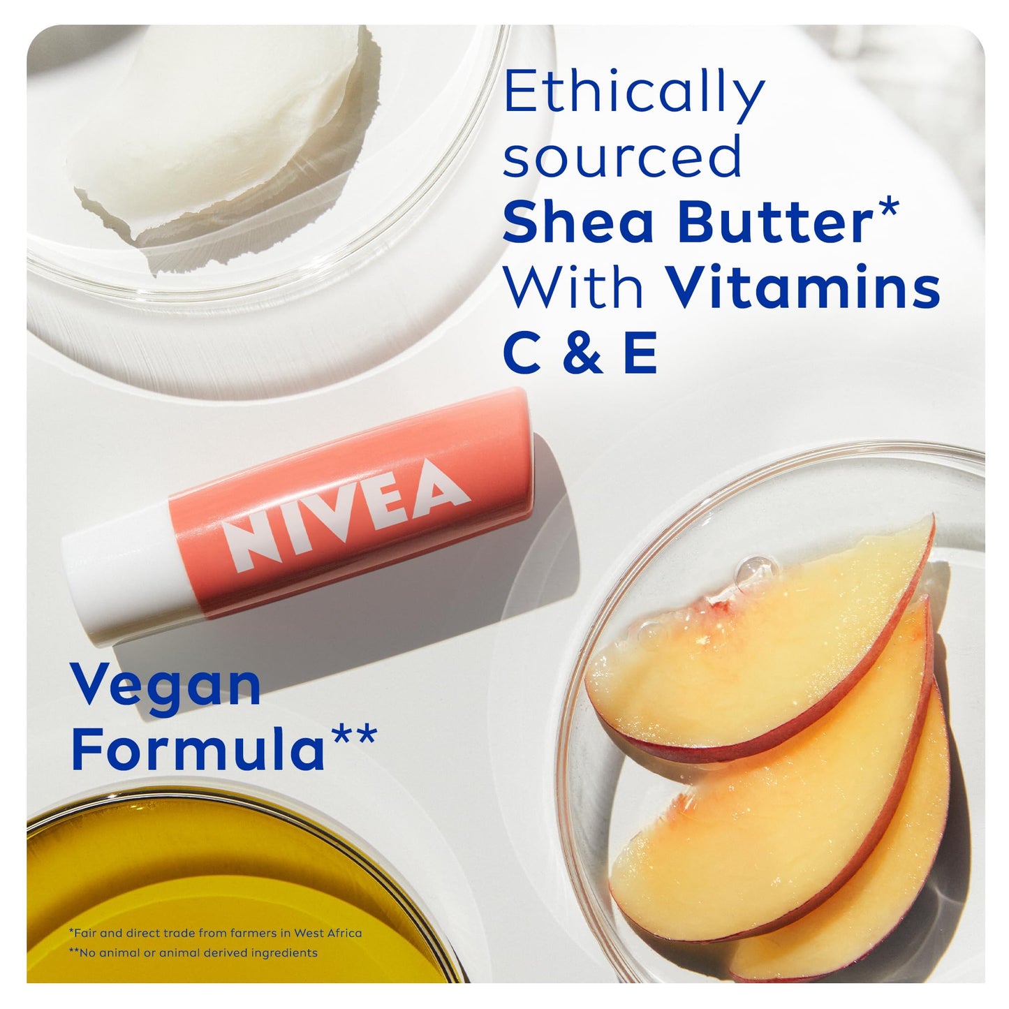 NIVEA Peach Shine Lip Balm (4.8g), Flavoured Lip Balm with Shea Butter, Natural Oils and Vitamins, Provides 24h Moisture and a Coral Shine, Vegan Lip Care Formula