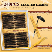 QUEWEL 3D Lash Clusters Kit, 240 PCS Cat Eye Eyelash Clusters 80D+100D Wispy Cluster Eyelash Extensions, Easy to Use Left&Right Lash Extension Kit Reusable Waterproof for DIY at Home (3D 80D+100D-KIT)