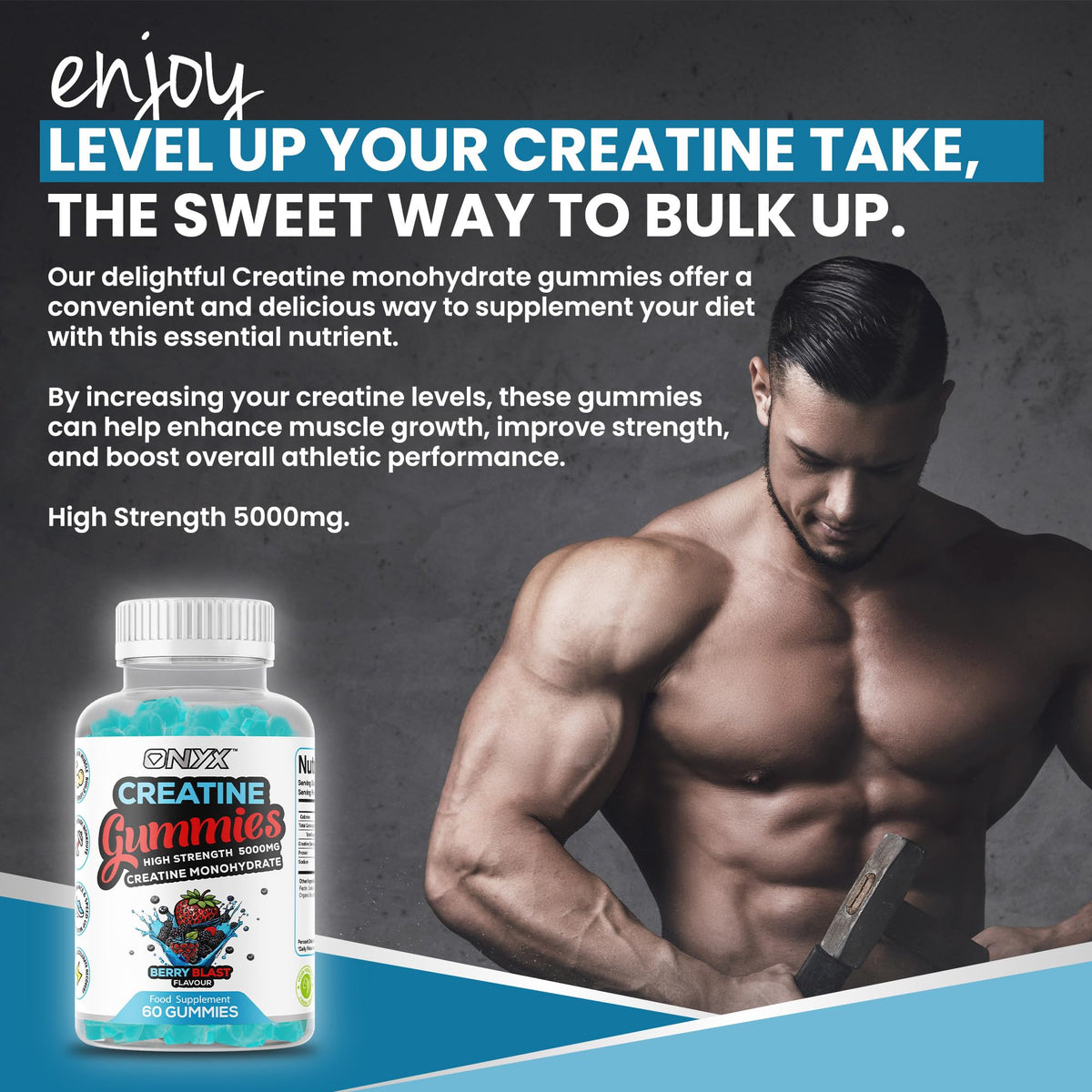 ONYX INGREDIENTS 101 Creatine Monohydrate Gummies 5000mg - Workout Gym Supplement - 60 Creatine Gummies