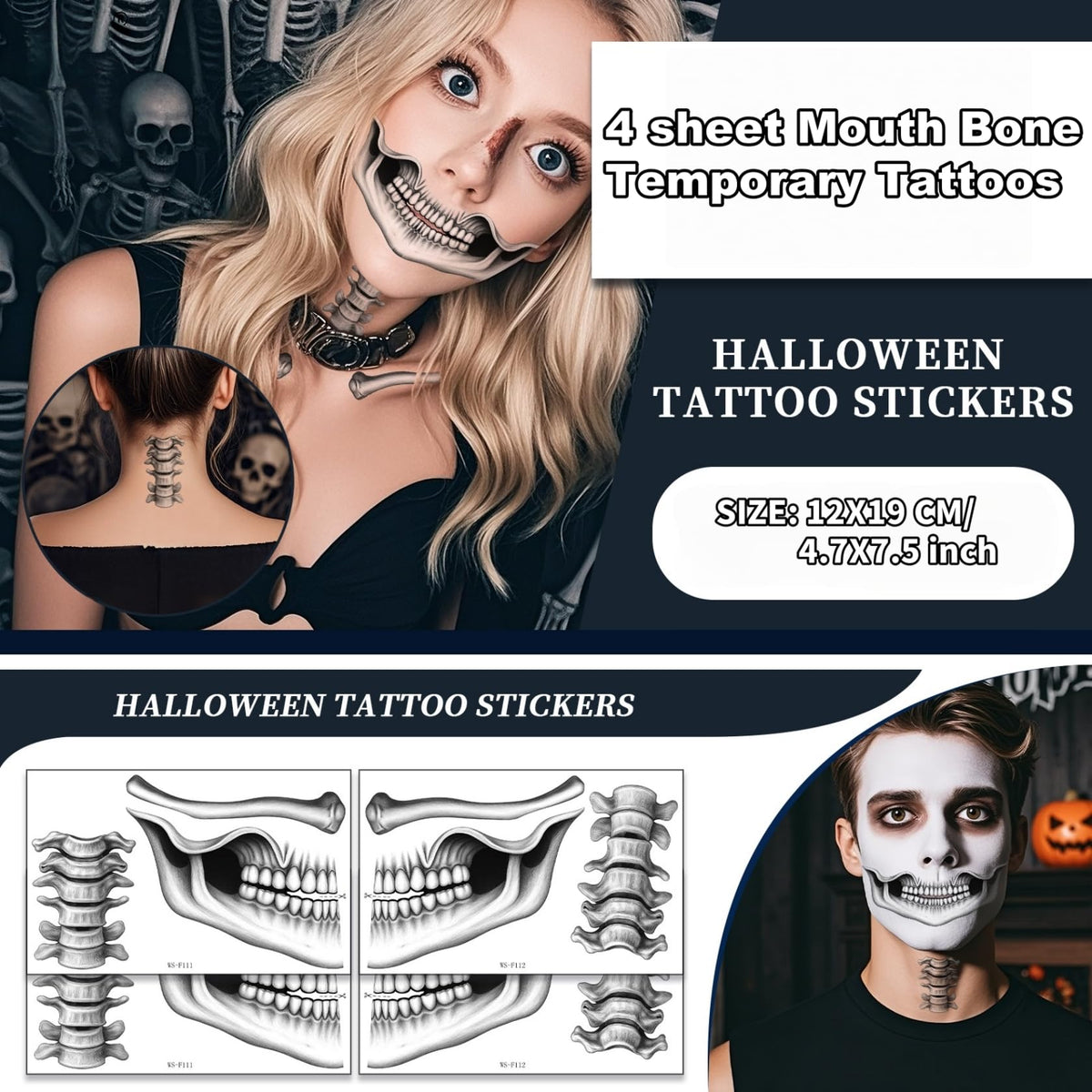 Lekabee skeleton mouth temporary tattoo,devil face temporary tattoo,halloween face stickers,halloween make up adults,face tattoos for men and women,horror make up,scary face tattoos