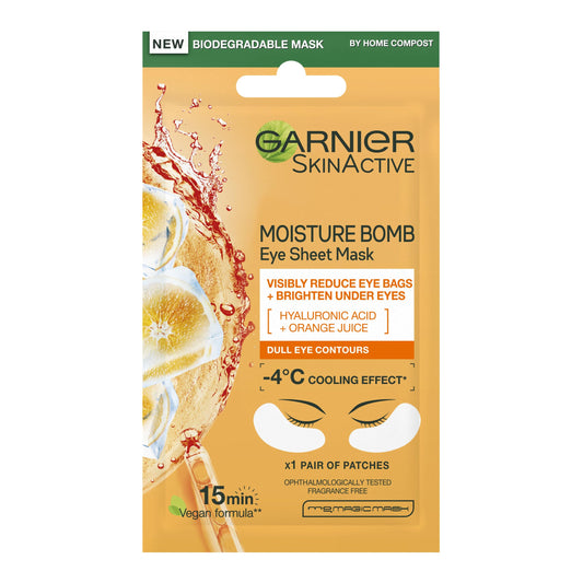 Garnier Moisture Bomb Eye Mask With Hyaluronic Acid And Orange Juice, Hydrating And Brightening Under Eye, Reduce Appearance Of Eye Bags, Biodegradable And Vegan Tissue, Orange, 28 G, Pack Of 1