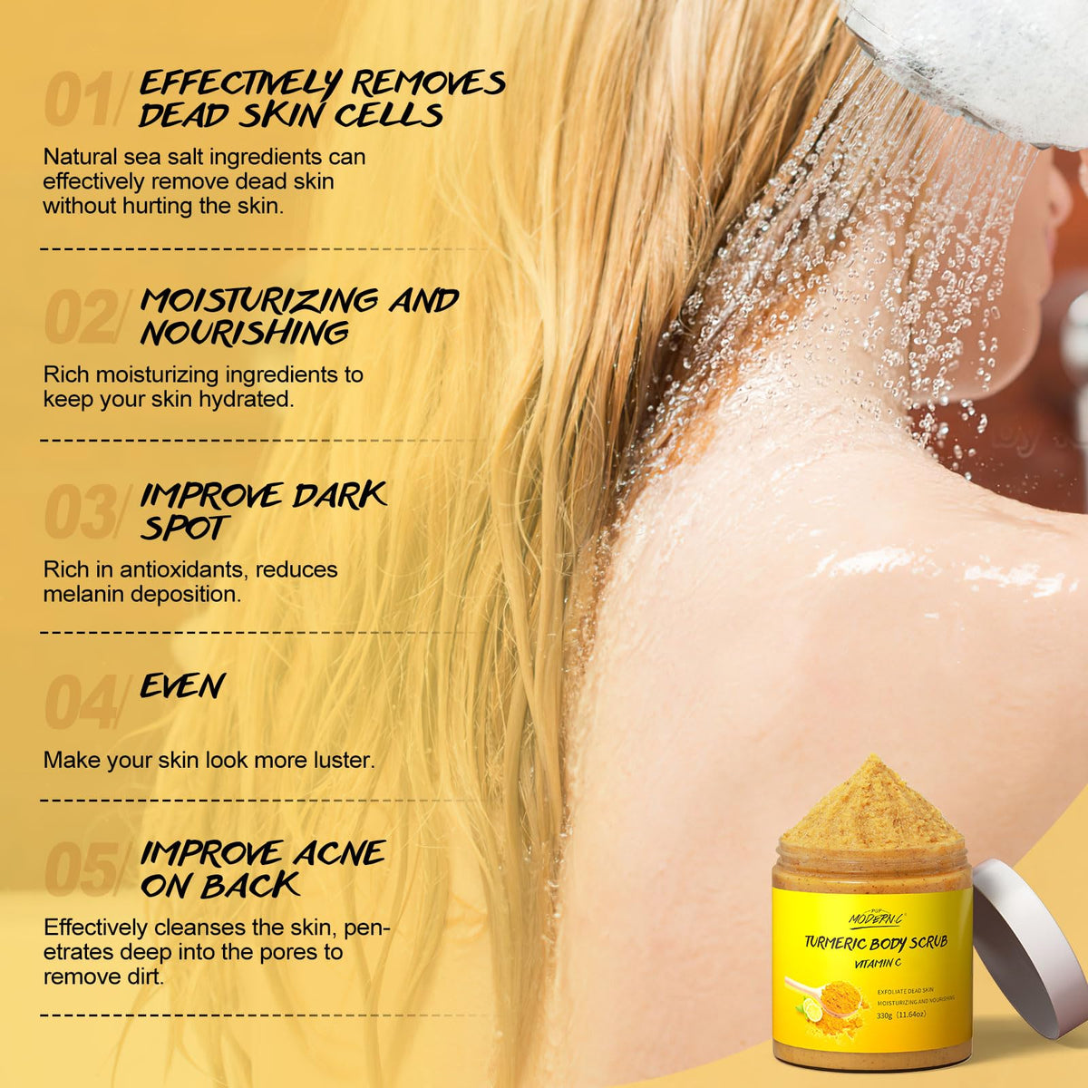 POP MODERN.C Turmeric and Vitamin C Body Scrub, Exfoliating Scrub, Remove Dead Skin Improve Dark Spots Acne, Natural Deep Cleansing, Exfoliator for Body Butt Bikini Area, Body Care for Men Women, with Loofah