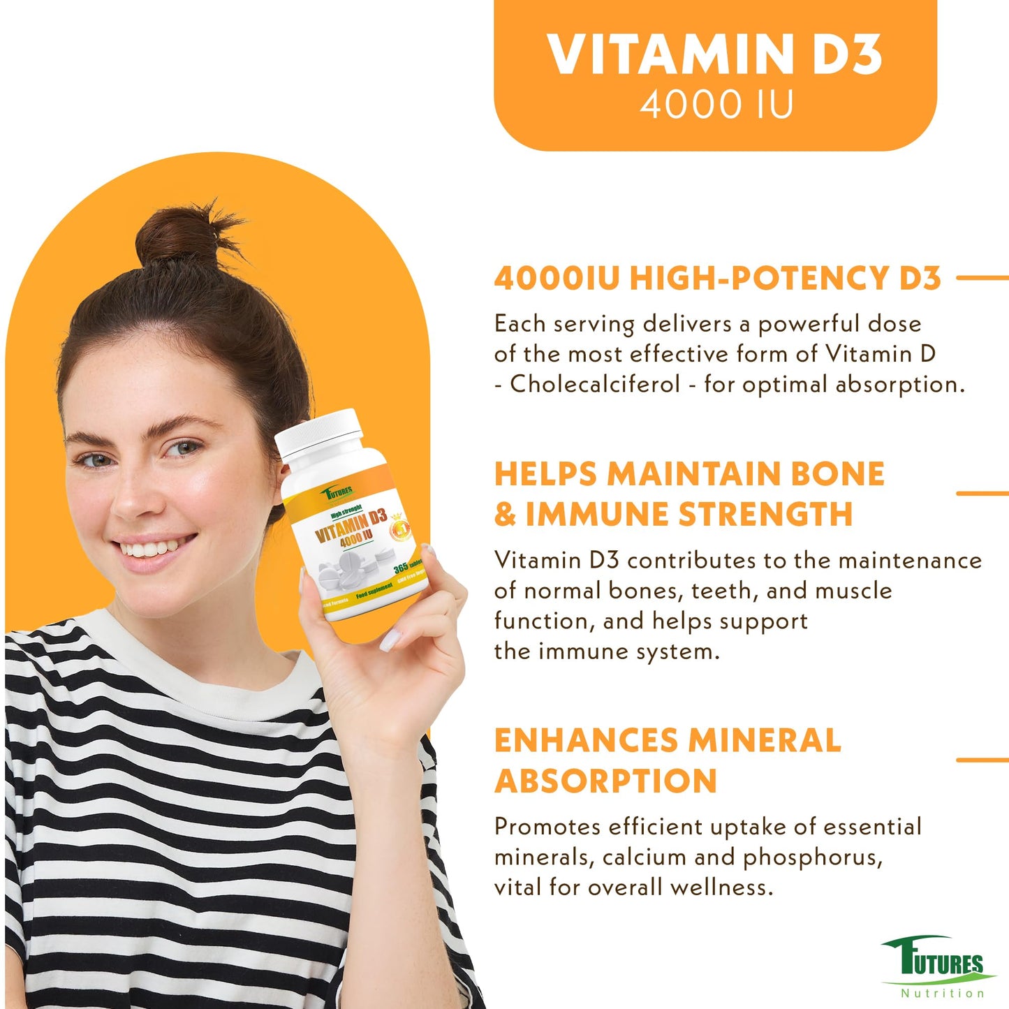 Futures Nutrition Vitamin D3 4000 IU - Vitamin D High Strength 4000iu - Vitamin D Tablets GMO & Gluten Free - 365 VIT D3 Tablets - Immune System Booster D3 Vitamins Supplements for Men and Women