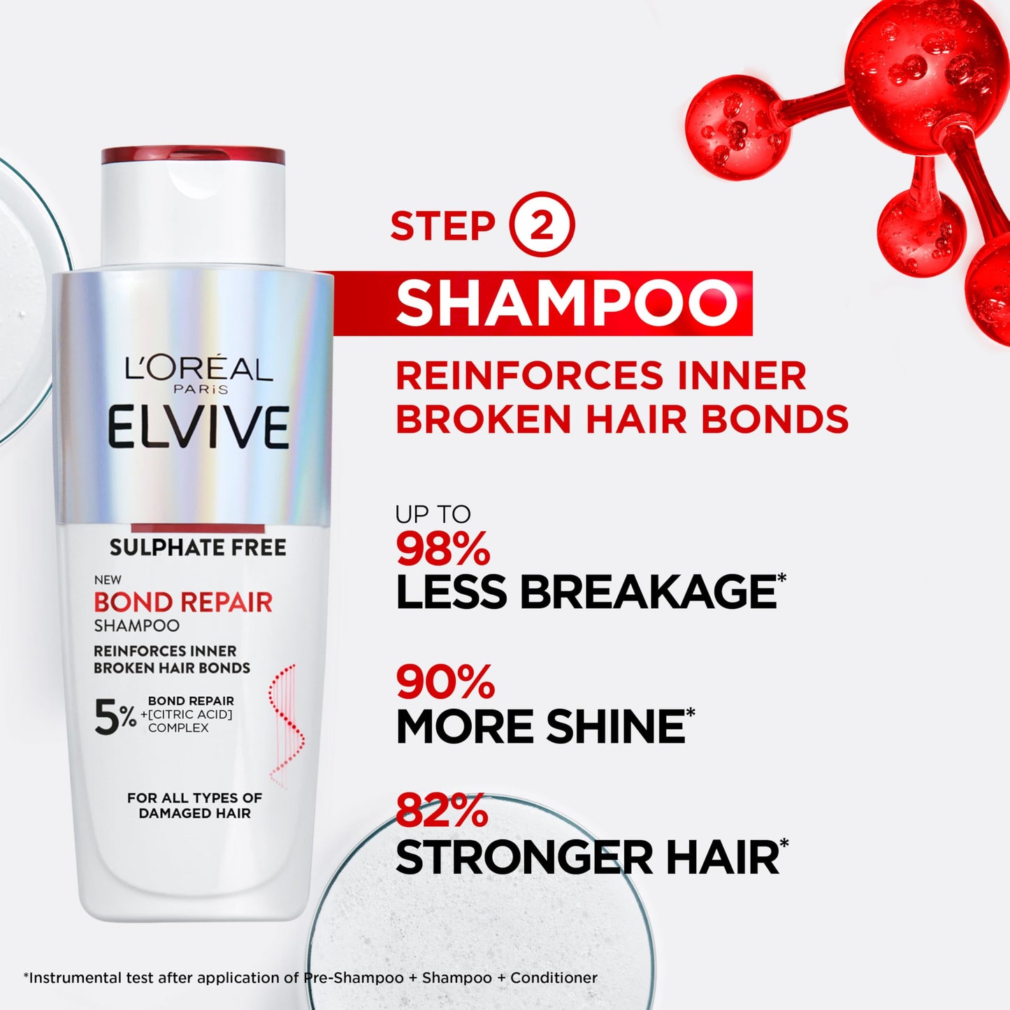 L'Oreal Paris L'Oréal Paris Elvive Bond Repair Sulphate-Free Shampoo, with Citric Acid Complex, Restores Original Strength, 98% Less Breakage, 90% More Shine, 82% Stronger, for All Damaged Hair, 200ml