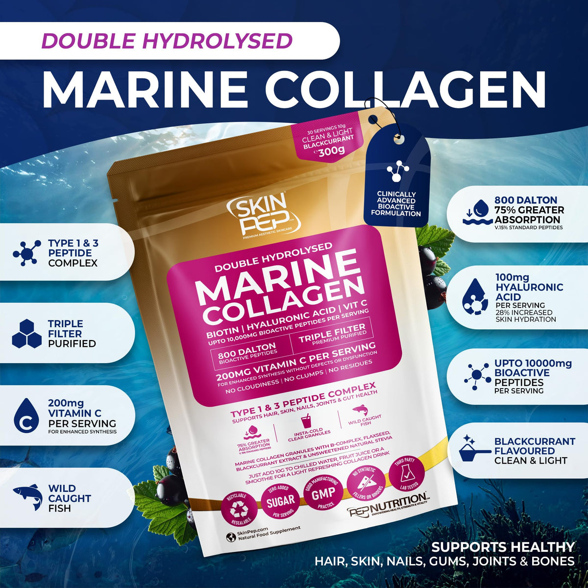 Premium Hydrolysed Marine Collagen Peptide Powder + VIT C, B Complex Hyaluronic Acid, & Stevia. Clean Light Taste/No Fishy Smell - SkinPep Collagen Re-Nu 300g - 30 Days Supply