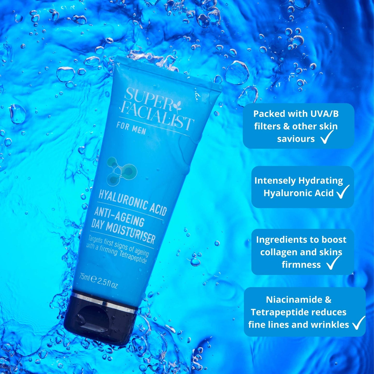 Super Facialist Moisturiser for Men with Hyaluronic Acid - Anti Ageing Face Cream with Hyaluronic Acid & Niacinamide (Vitamin A) to Reduce Fine Lines & Wrinkles, Vegan Friendly, 75 ml