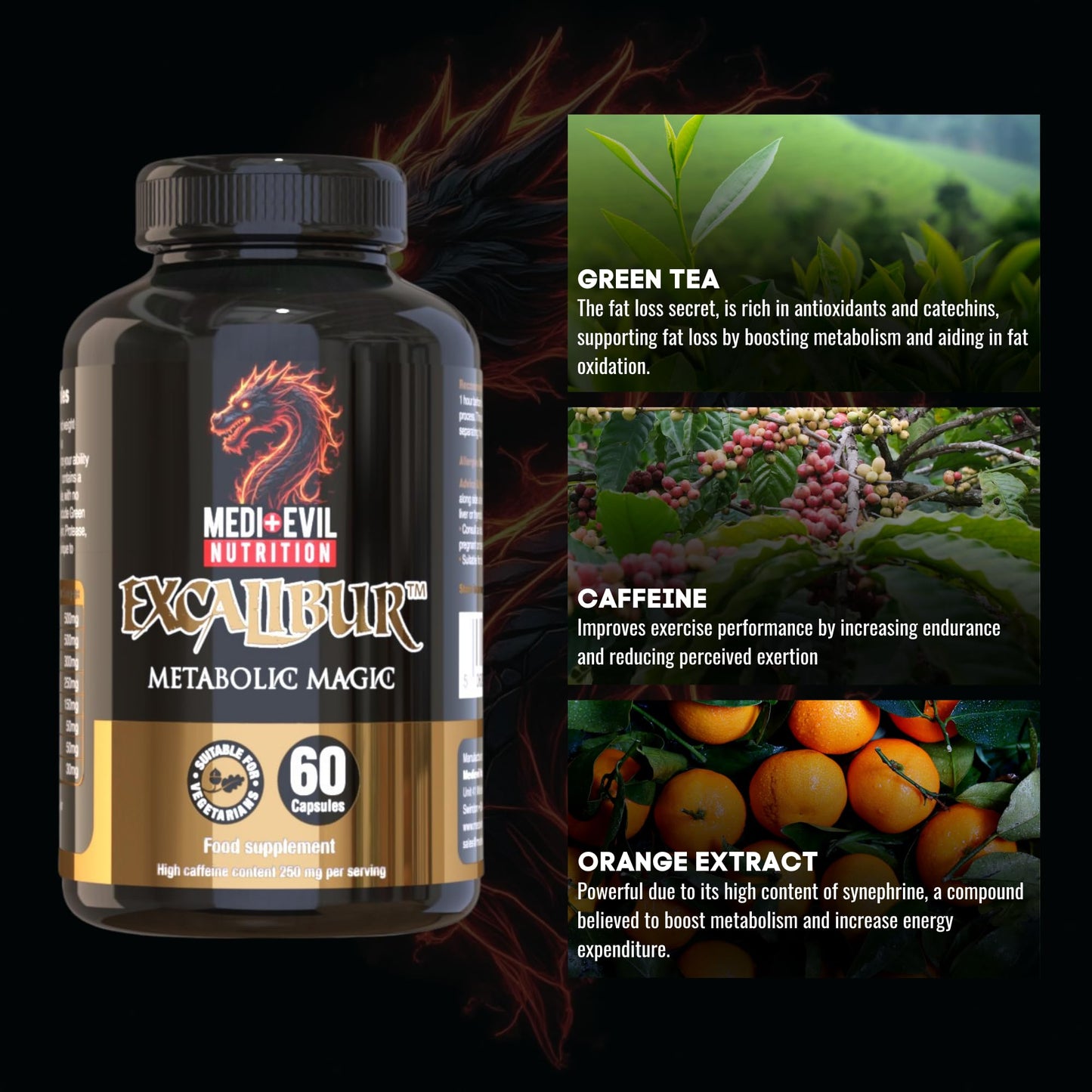 Medi-Evil Nutrition Excalibur Thermogenic Weight Management and Pre Workout Supplement 60 Large High Dose Capsules