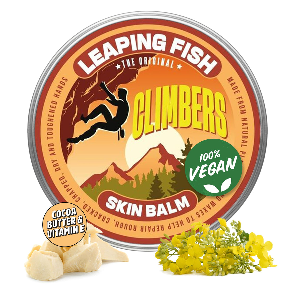 LEAPING FISH Climber's Skin Balm - Natural Vegan - Essential Oil Recovery Salve - Hand Moisturiser for Cracked Skin - Eco-Friendly Non-Greasy Formula - Unscented 60g Tin