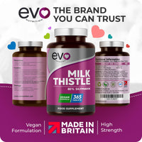 EVO NUTRITION Milk Thistle Tablets | 80% Silymarin | 365 Tablets | Vegan Supplement | Milk Thistle Capsules Alternative | Made in The UK