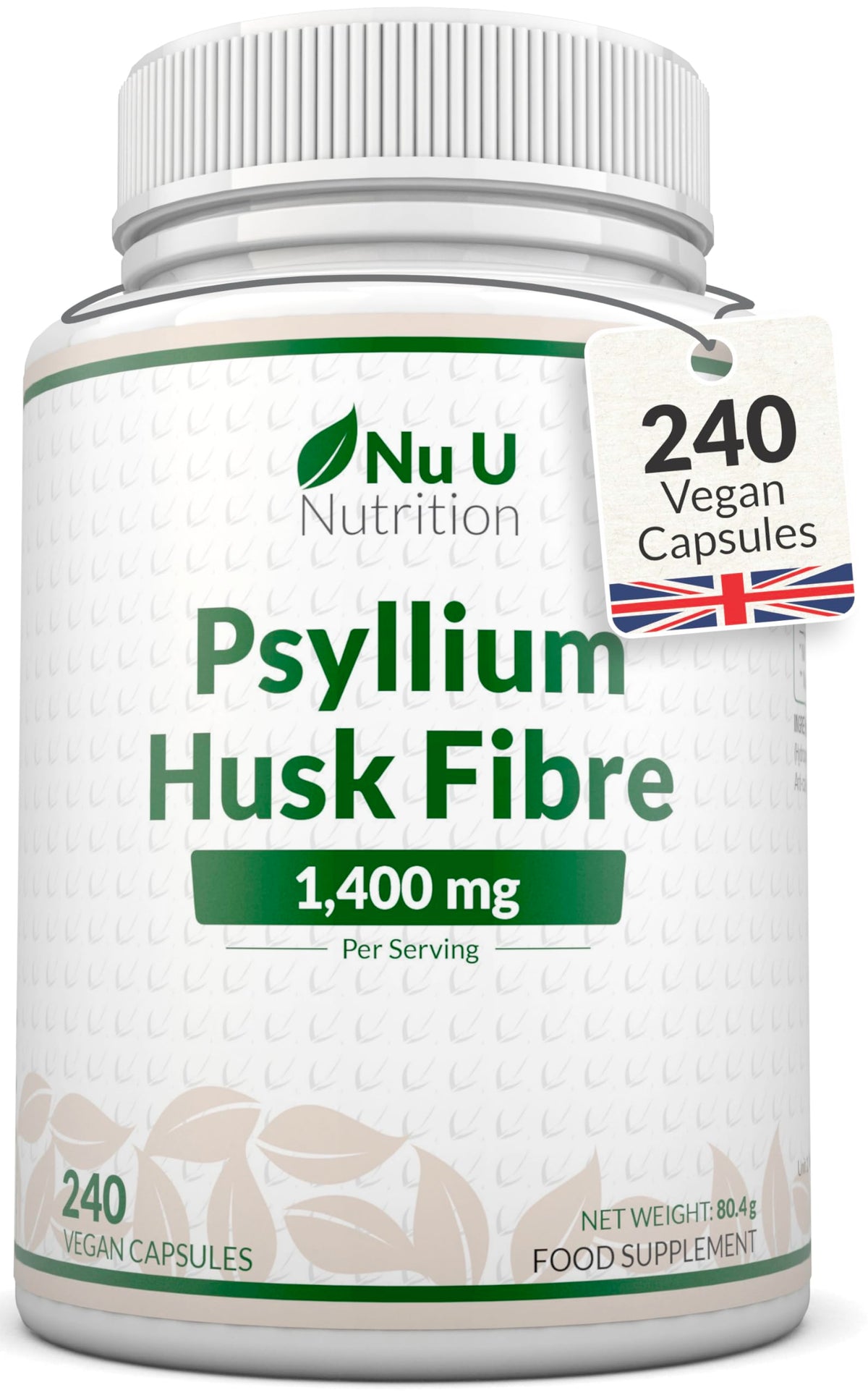 Psyllium Husk Fibre Supplement - 1400mg per Serving - 240 Vegan Capsules - Natural Soluble Prebiotic Fiber from Plantago Ovata Seeds - Made in the UK - Nu U Nutrition
