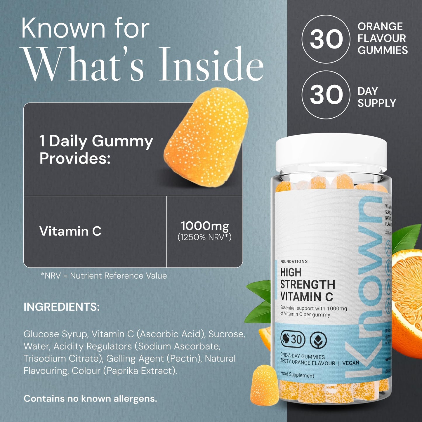 Known 1000mg High Strength Vitamin C (Ascorbic Acid) Gummies – Zesty Orange Flavour – Chewable Vegan Gummy Supplement – Immune, Collagen, Energy & Antioxidant Support – 1 Month Supply – One-A-Day