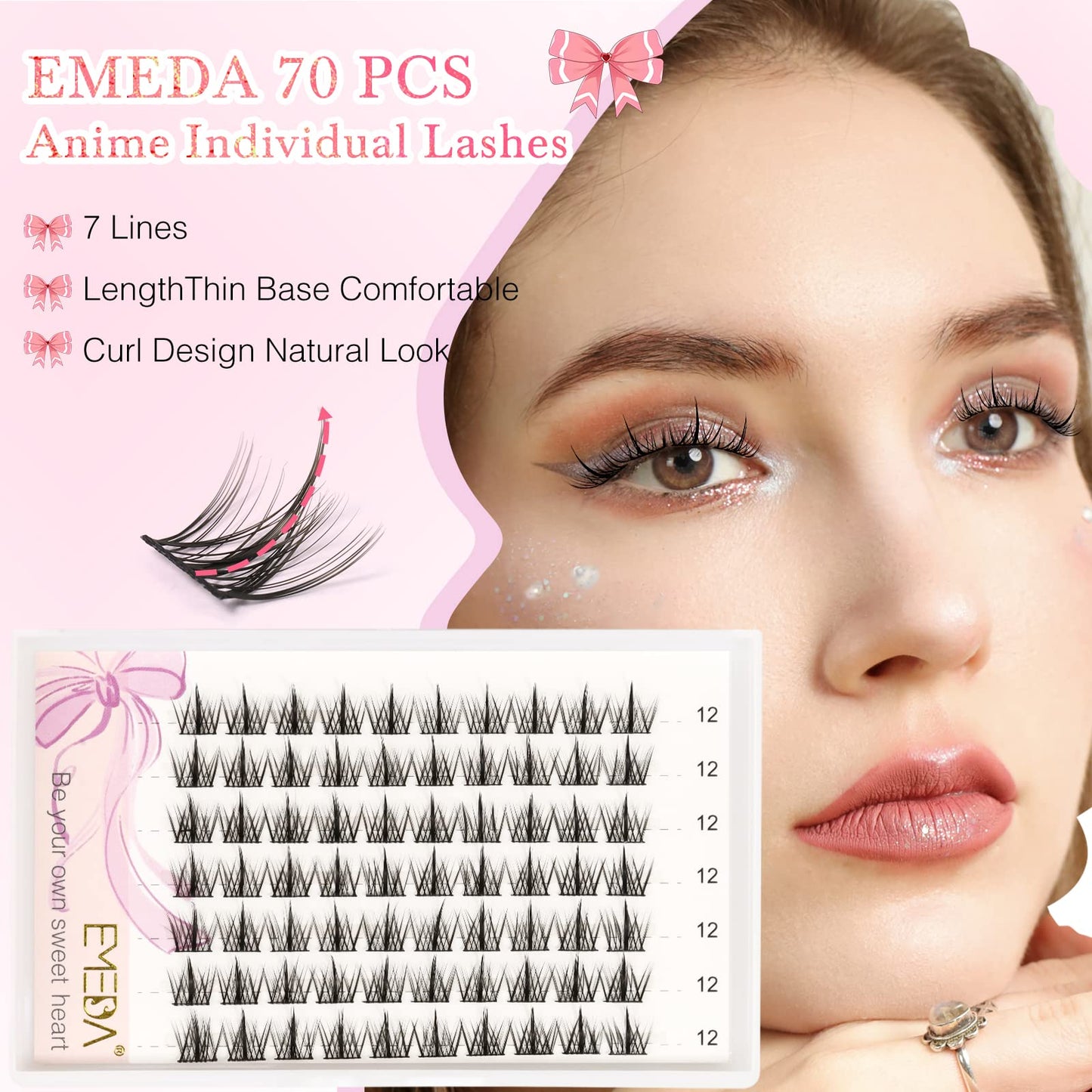 EMEDA Cluster Lashes 70 Pcs DIY False Eyelashes Anime C Curl Individual Lashes12mm Manga Lashes DIY Eyelash Extensions Thin Band Natural Cluster Lash Kit (12mm)