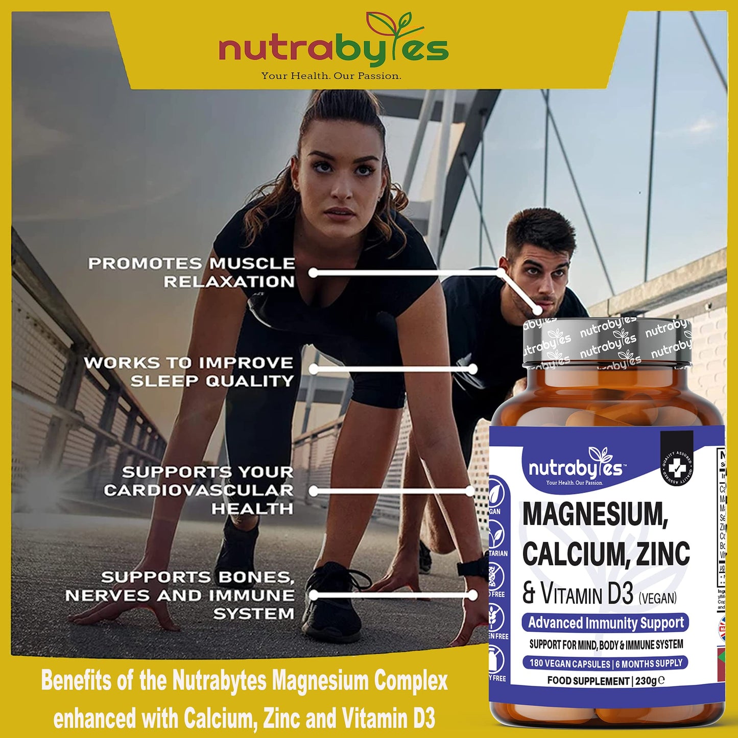 Magnesium Calcium Zinc & Vitamin D3 Vegan Supplement, Advanced Immunity Support, High Strength Vitamin D3, Strong Bones & Teeth, Muscle Recovery, Sleep Better, 180 Vegan Capsules-6 Months Supply - UK